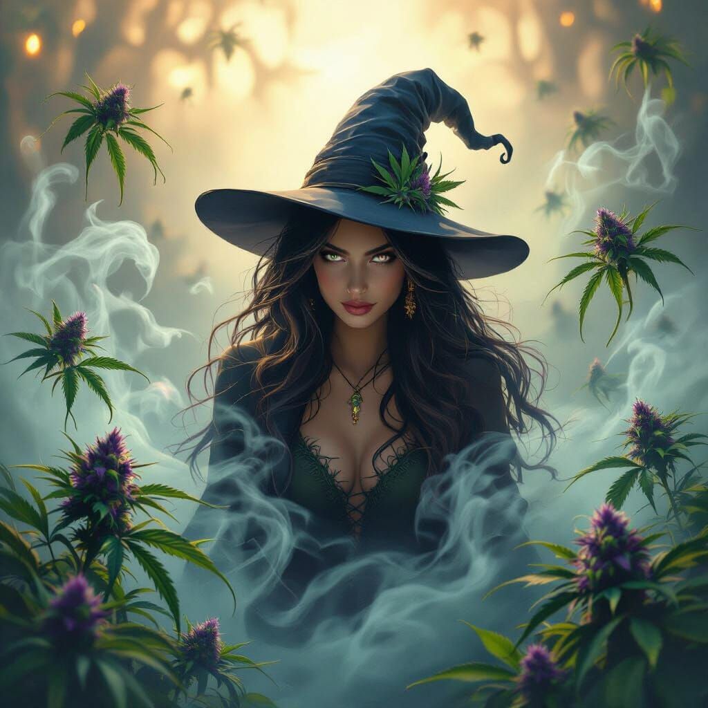 Mystical Witch with Cannabis in Dreamlike Scene