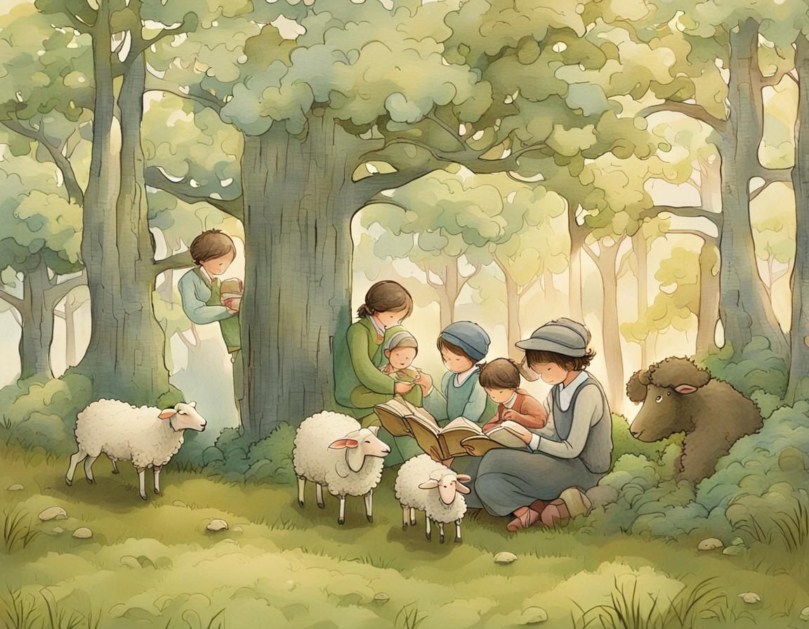 Whimsical Children Study with Rabbi in a Lush Forest Glade