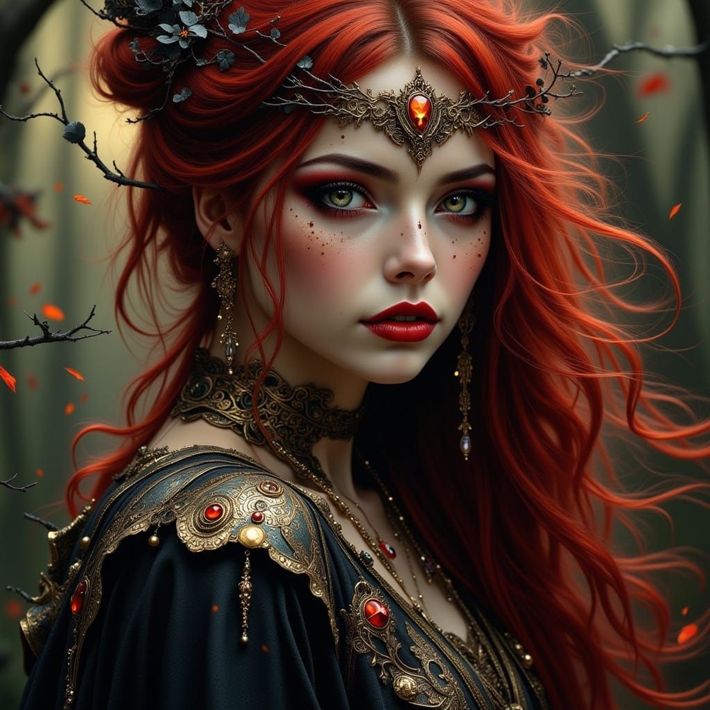 Dark Red-Haired Evil Sorceress in Hyperreal Portrait