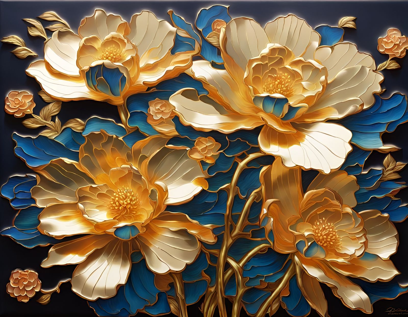 Golden Cloisonne Flowers in Precisionist Ukiyo-e Style