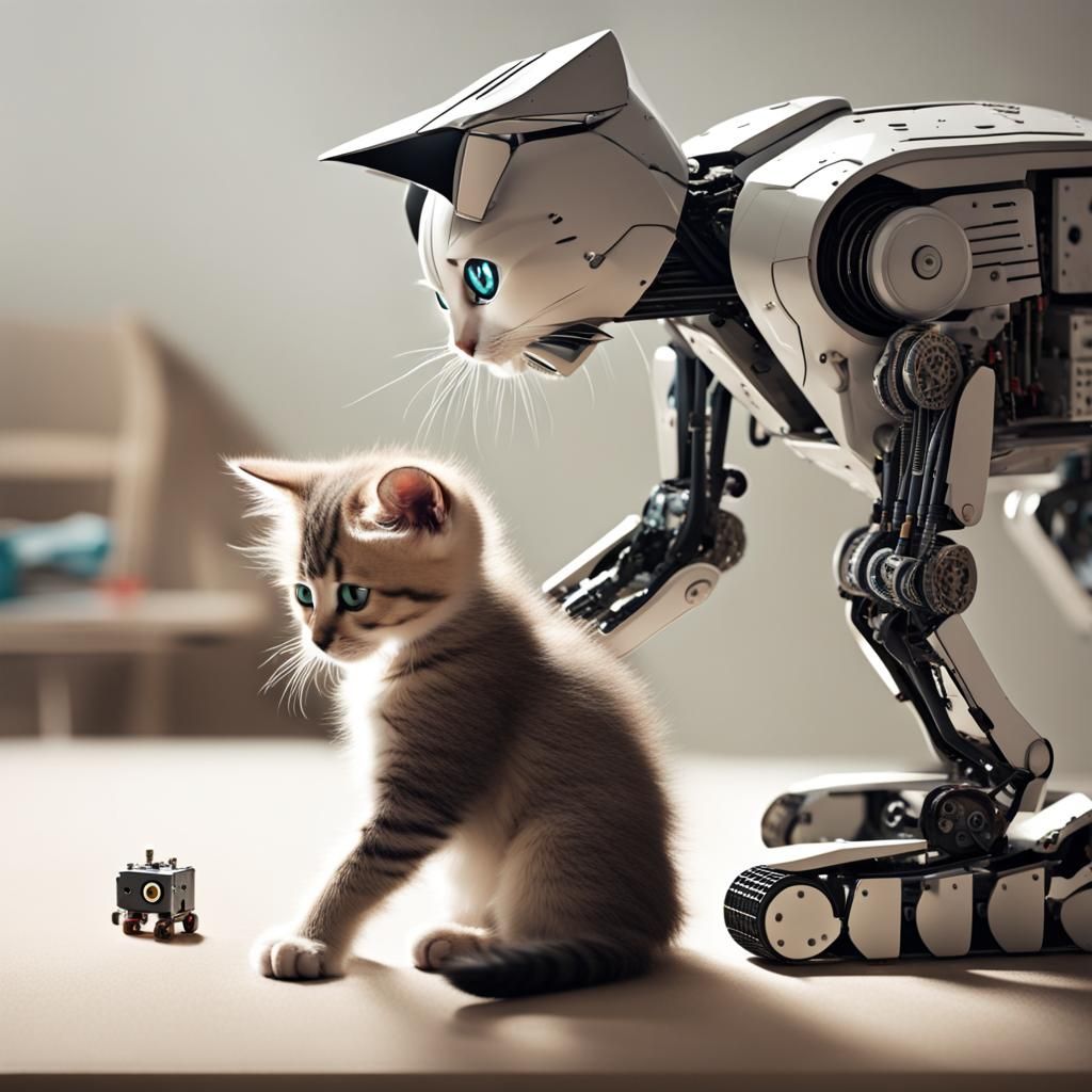 Kitten Building a Robot in Whimsical Style