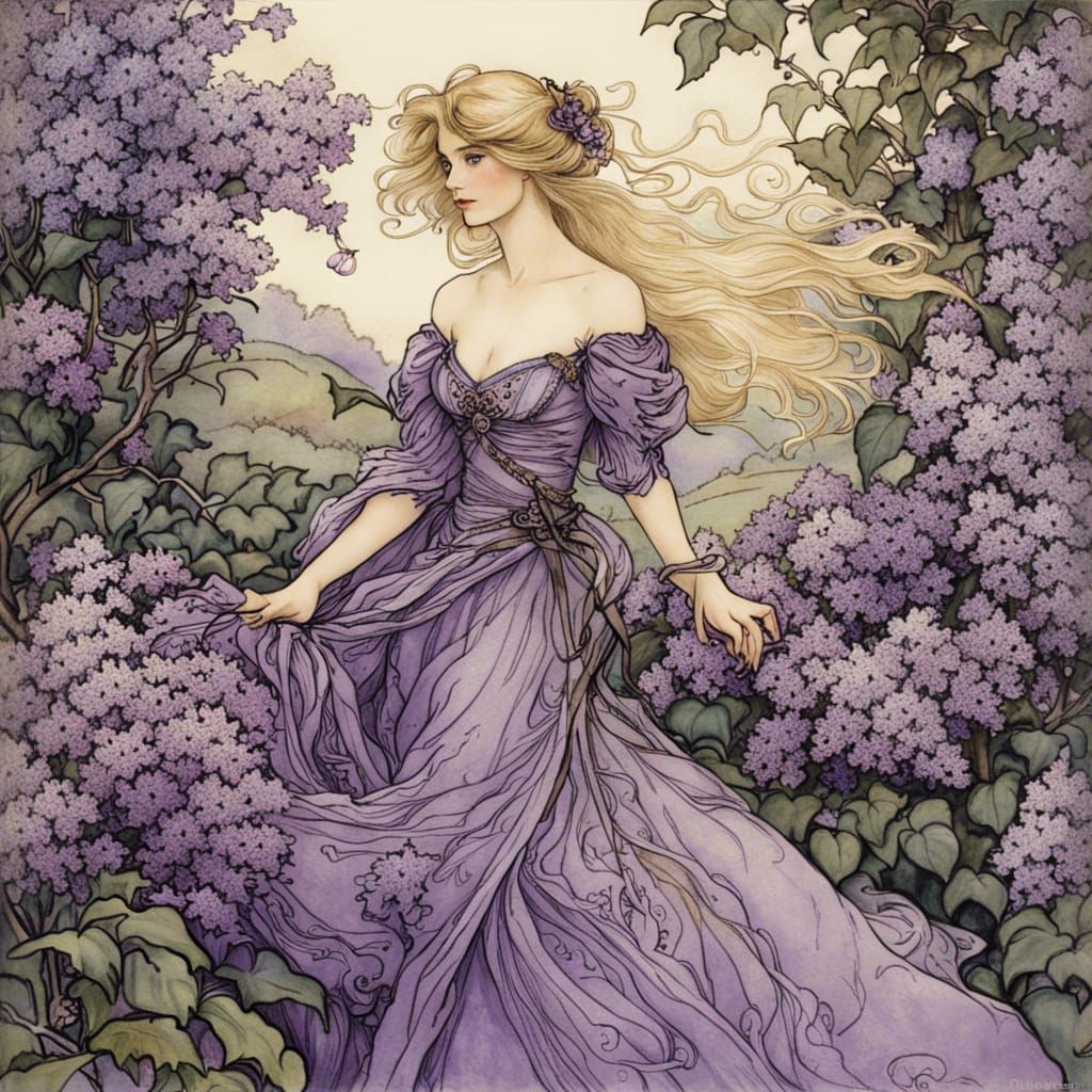 Fairytale Woman in Lilac Garden, Anime Style