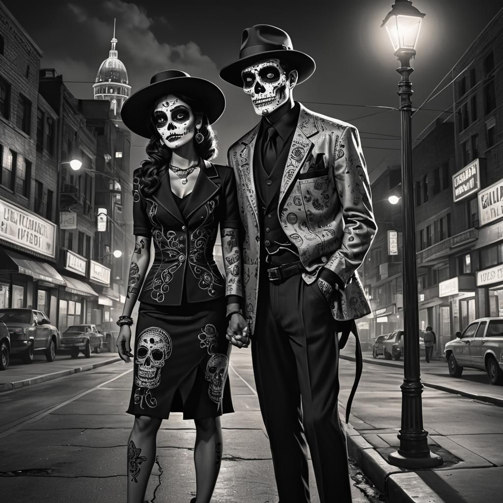 Noir Concept Art: Zoot Suiter Sugar Skull in City