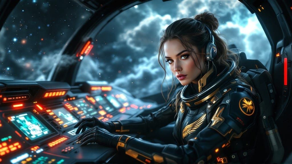 Female Space Pilot in Futuristic Cockpit