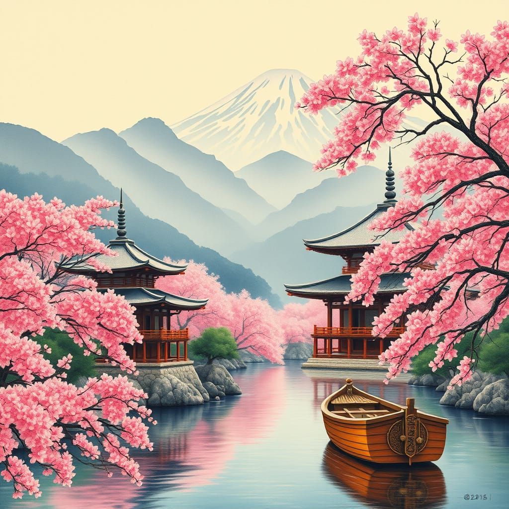 Traditional Japanese Pagodas in Cherry Blossom Landscape wit...