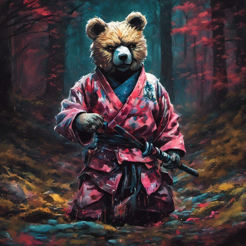 Teddy Bear Warrior in Dark Forest Graffiti Art