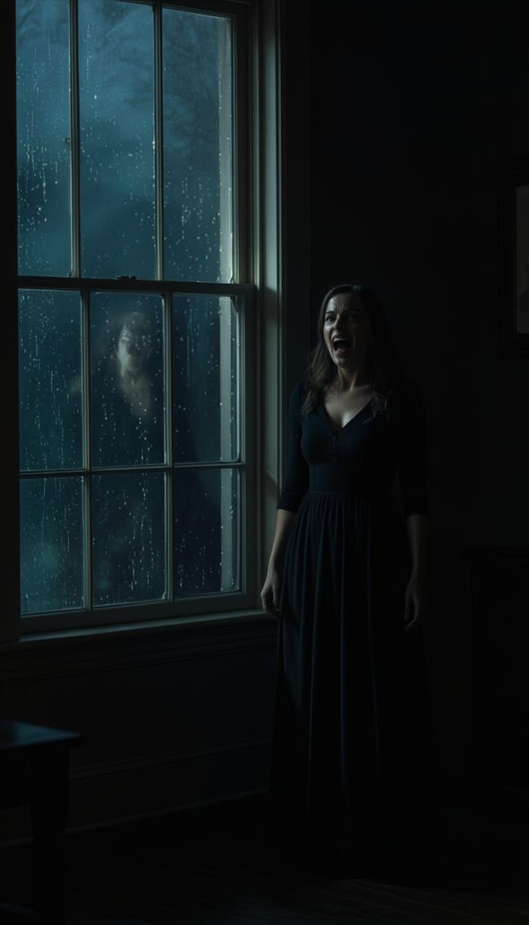 Woman Approaches Window in Tense, Shadowy Room