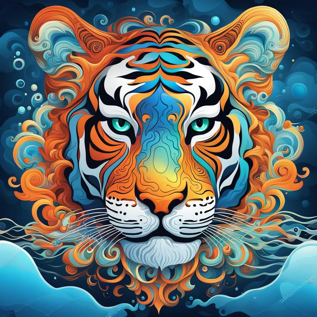 Tiger Head Floating in Colorful Clouds