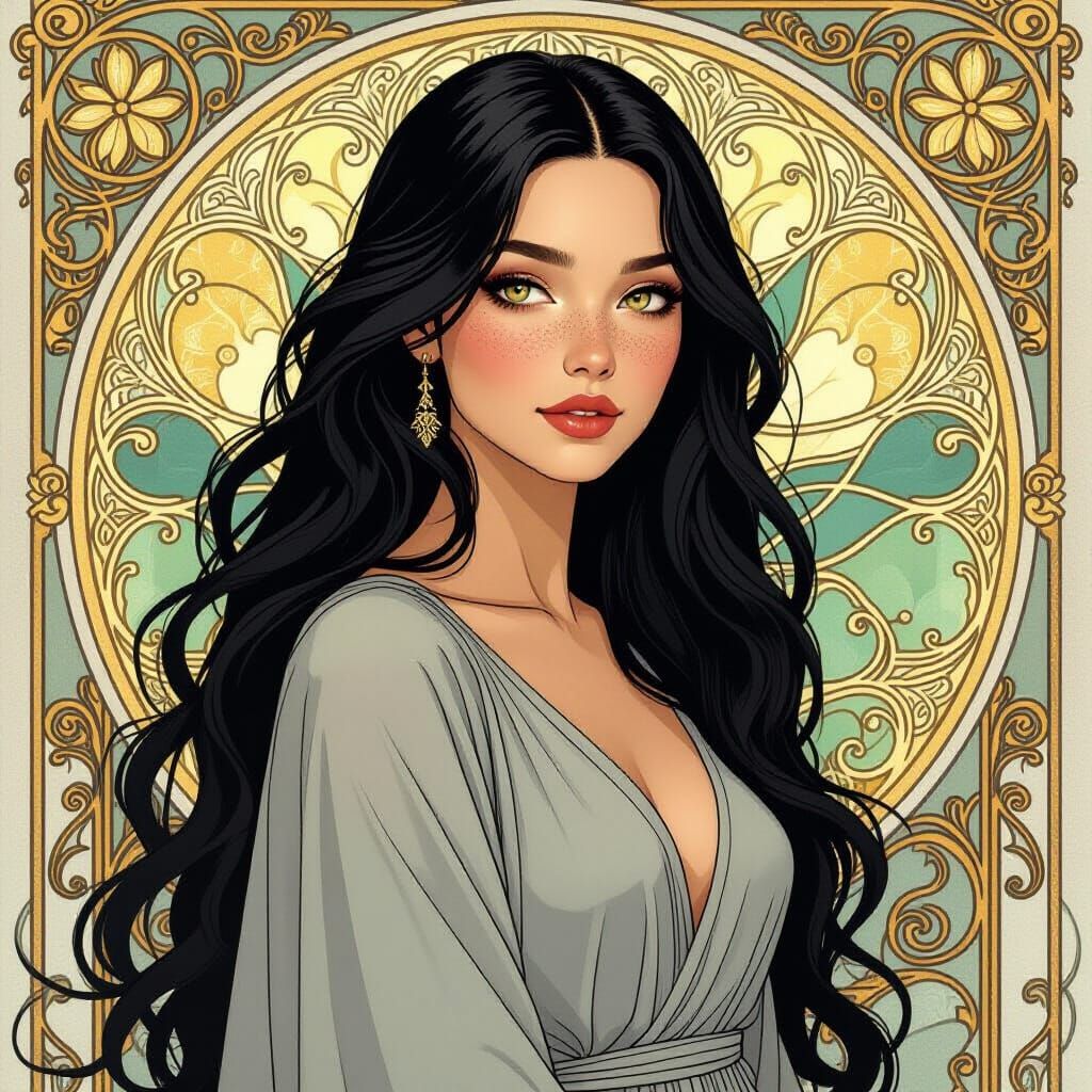 Woman with Freckles, Gold Eyes, Ebony Hair in Art Nouveau St...