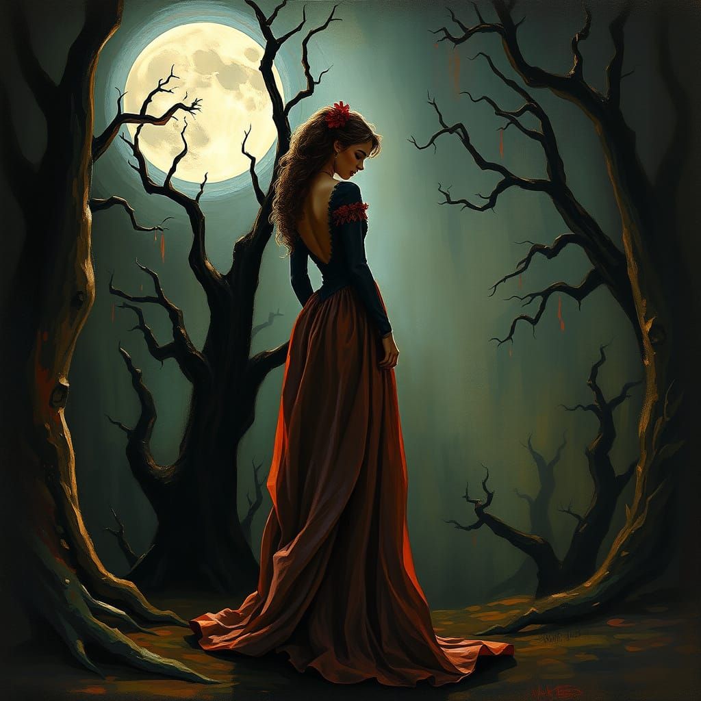 Victorian Woman in Mystical Forest, Impressionist Style