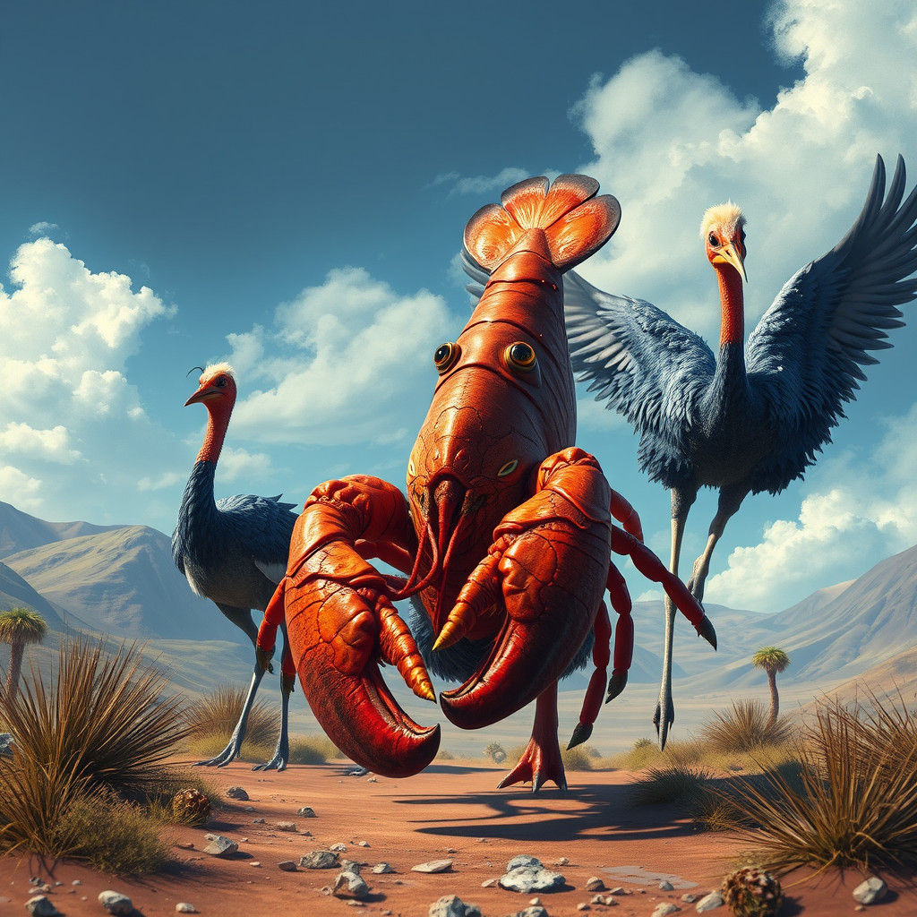 Giant Lobster and Crystalline Birds in Dreamlike Landscape