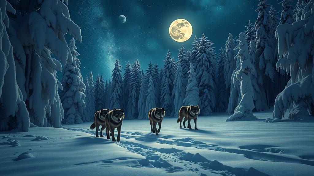 Moonlit Wolves Dance in Snowy Woods Under Starry Cosmos
