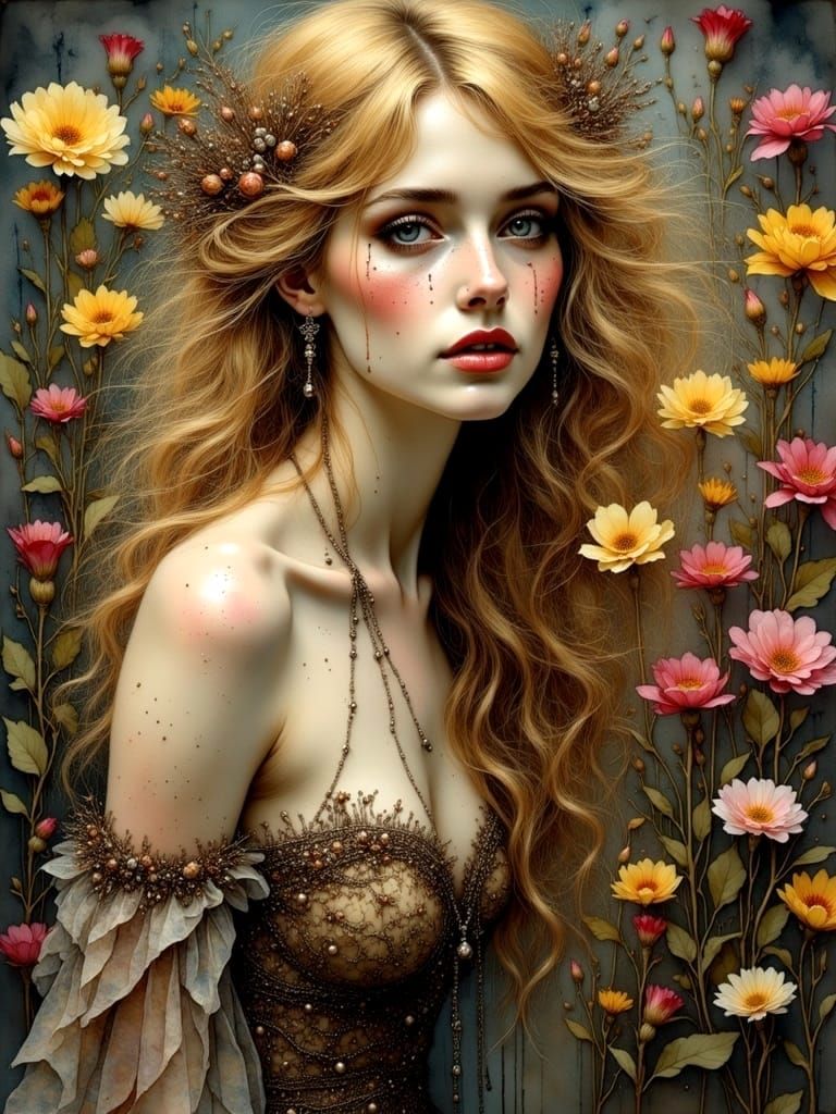 Goddess with Wild Golden Hair Weeps Black Tears