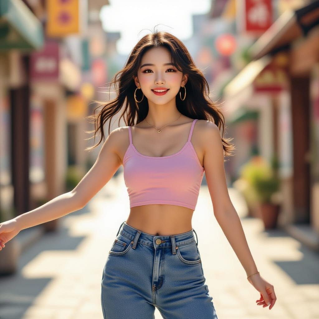 Joyful Korean Teen Dancer in Sunny Afternoon Light