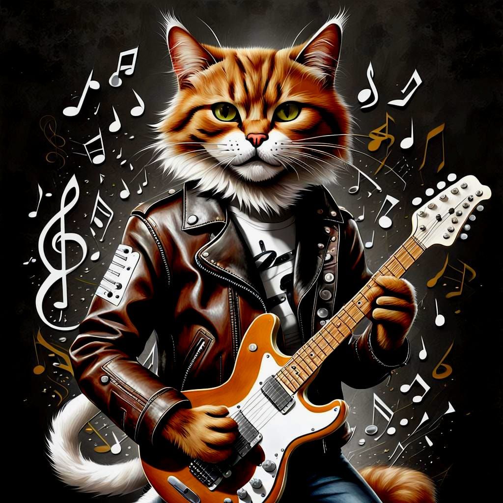 Anthropomorphic Cat Rocking Out on Guitar
