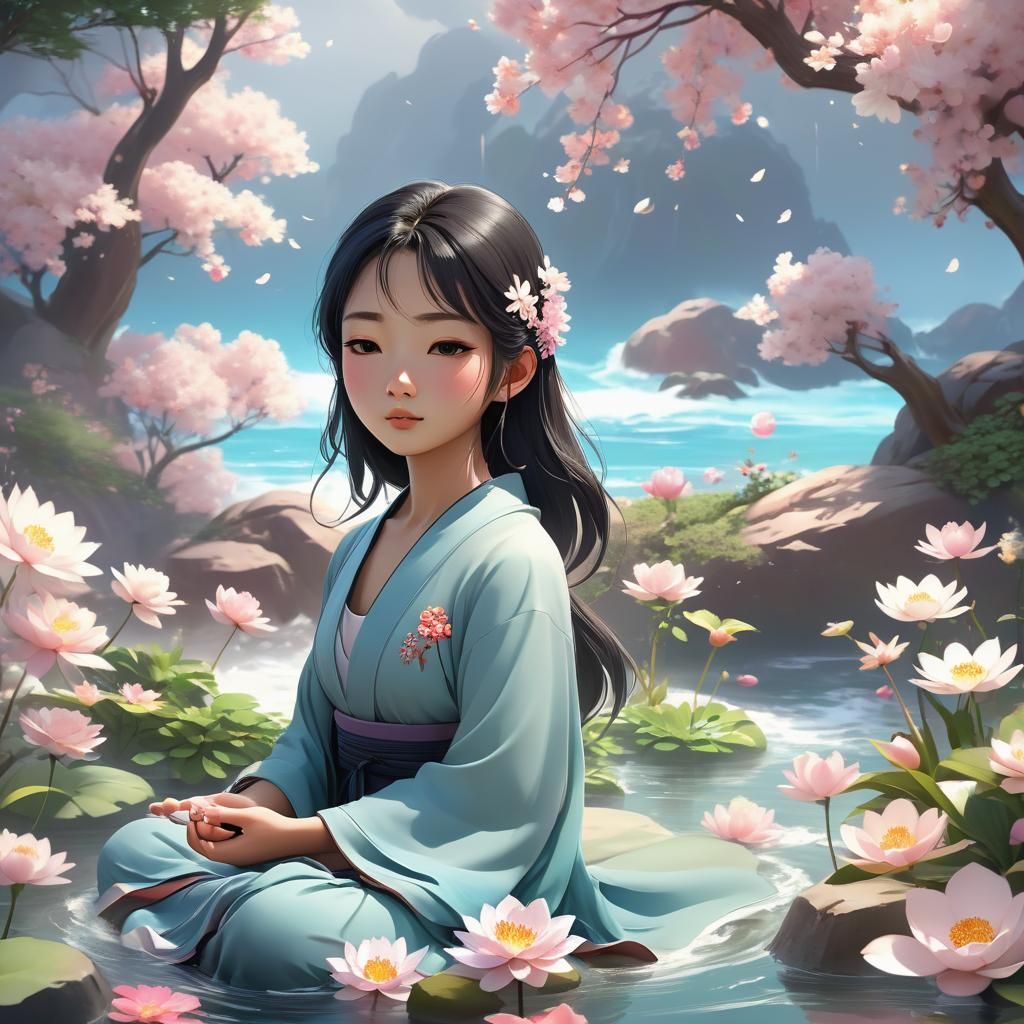 a young Asian girl is meditating in a peaceful setting, surrounded by flowers and gentle waves. the soft colors convey a...