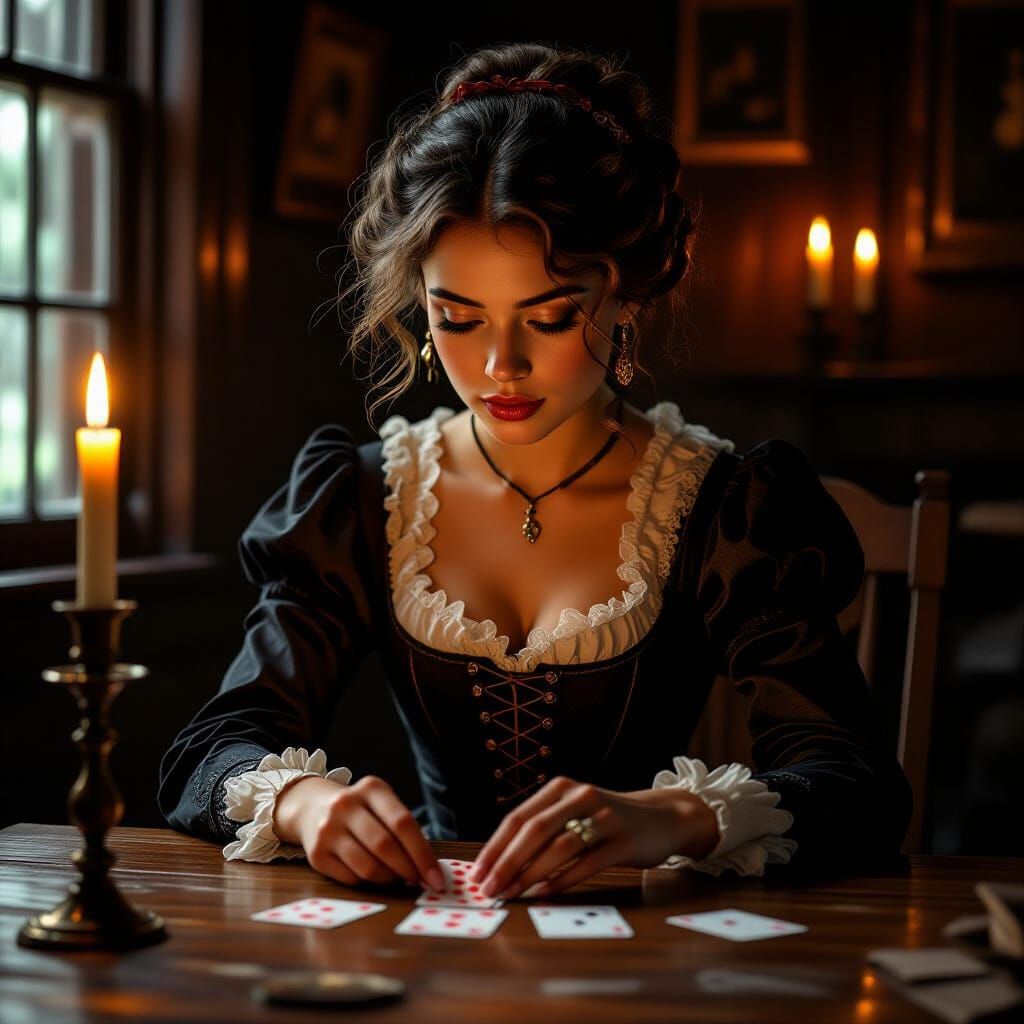 Victorian Woman Deals Cards in Candlelit Room