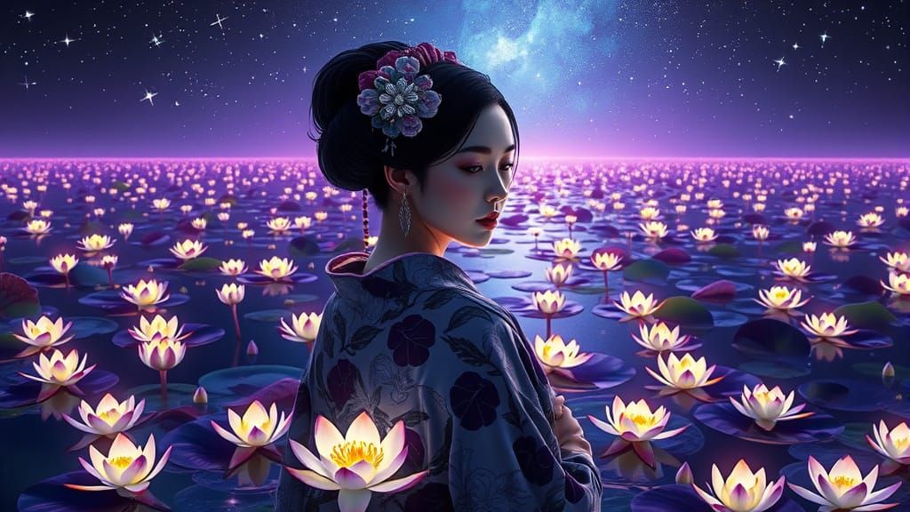 Geisha in Bioluminescent Field: Hyperrealistic Concept Art