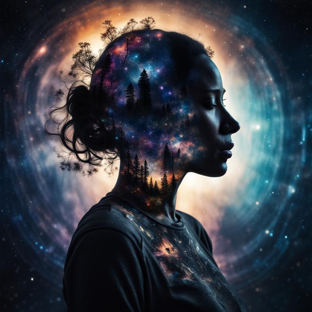Cosmic Silhouette: Hyperrealistic Double Exposure Fantasy