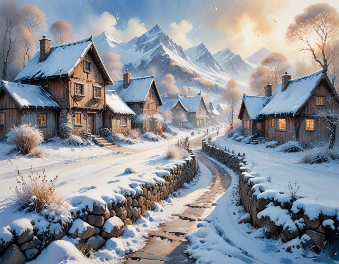 Nordic Village on a Frosty Morning in Watercolor Style
