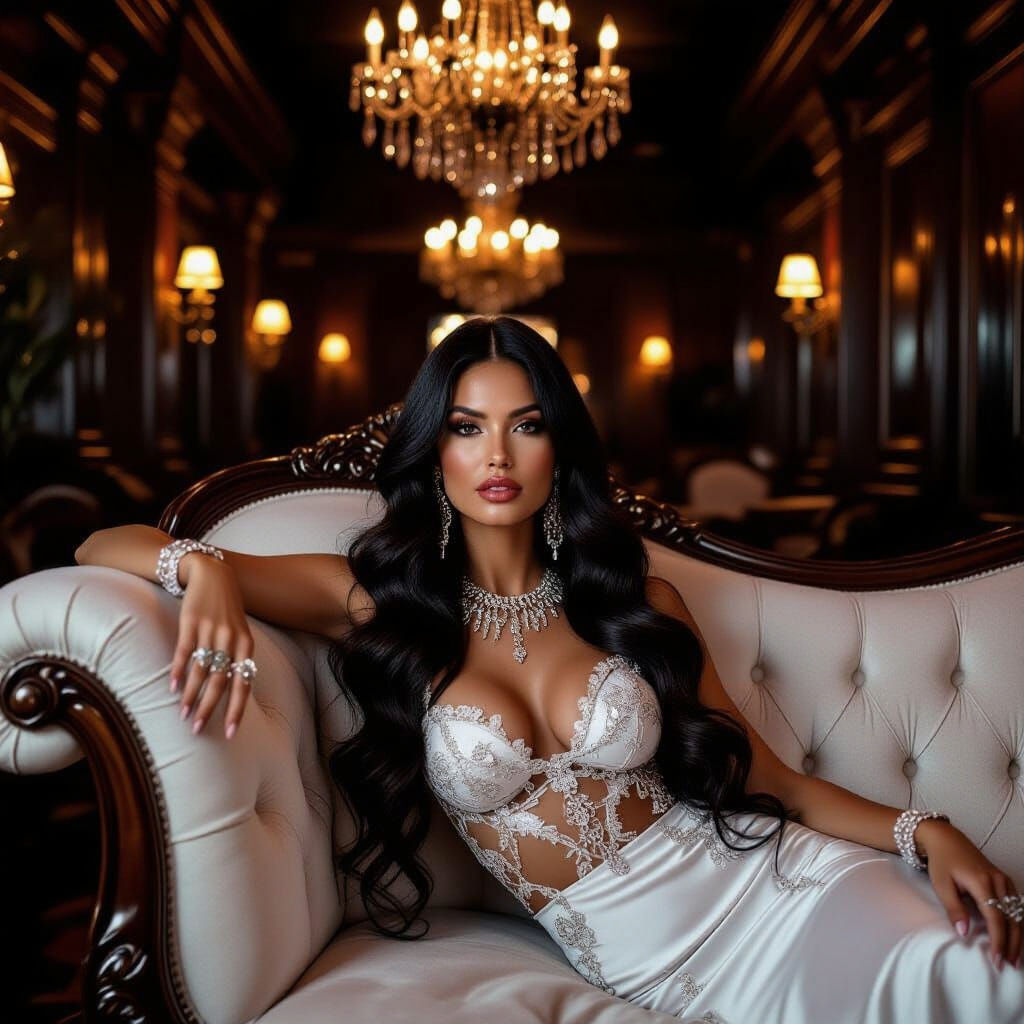 Elegant Woman on Velvet Chaise Lounge, Baroque Style