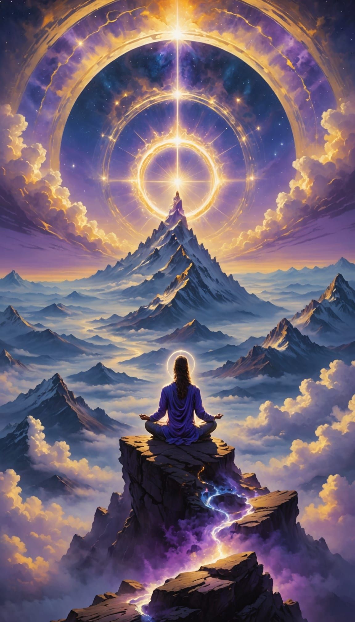 Luminous Figure Meditating on Mountain Peak Above Clouds