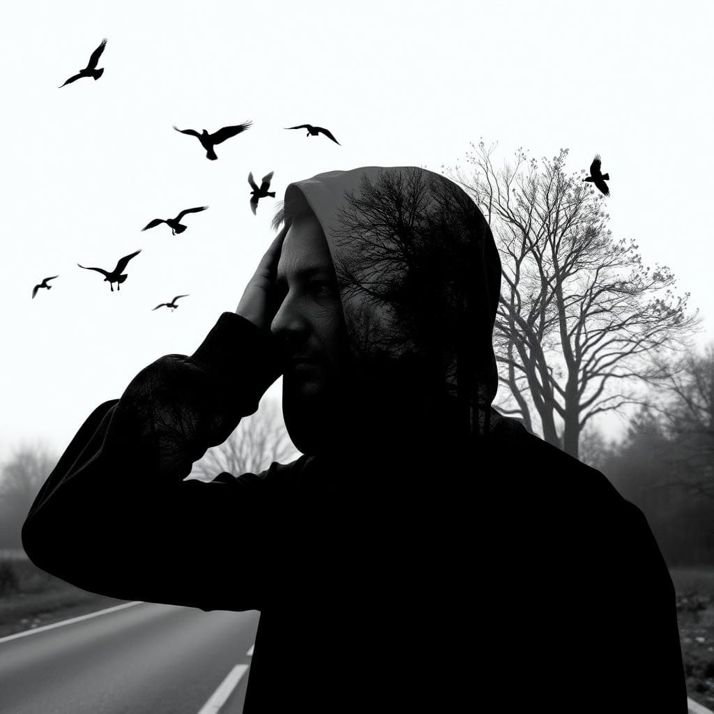 Contemplative Man with Birds, Double Exposure Photography