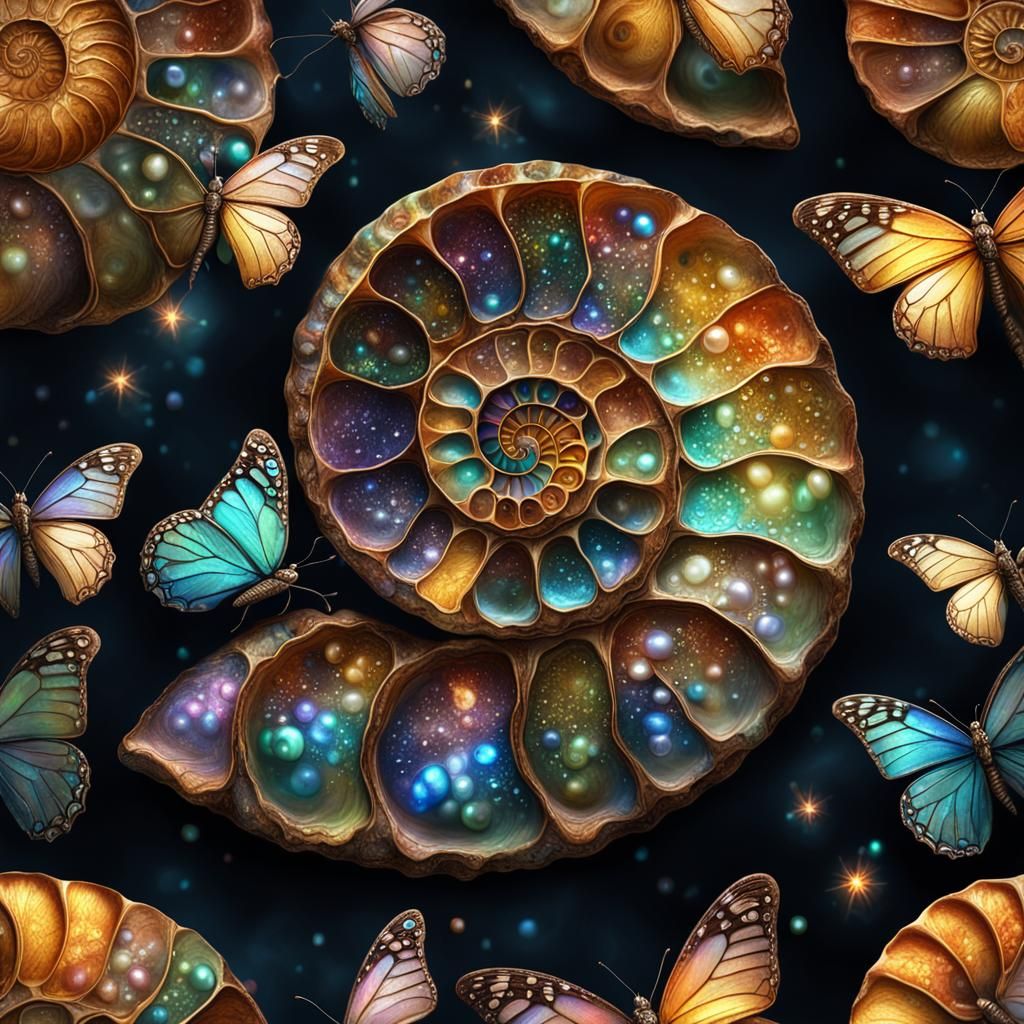 Iridescent Ammonite Shell with Pearl Butterflies