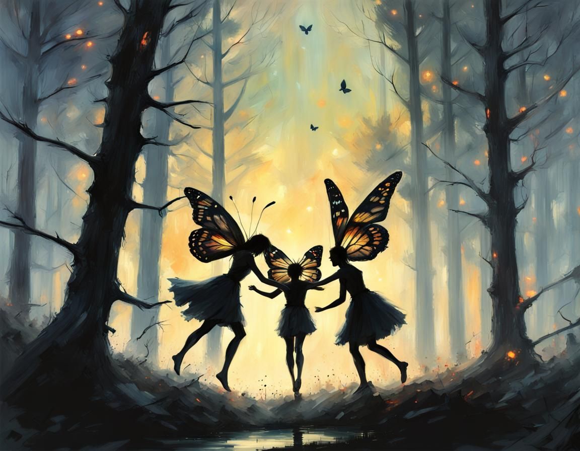 Fairies Dancing in Forest at Night in Rozalski Style