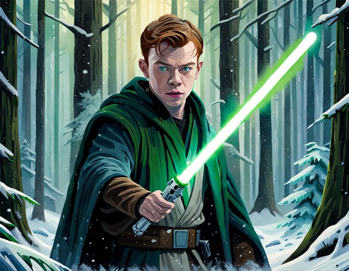 Jedi in Snowy Forest with Green Lightsaber