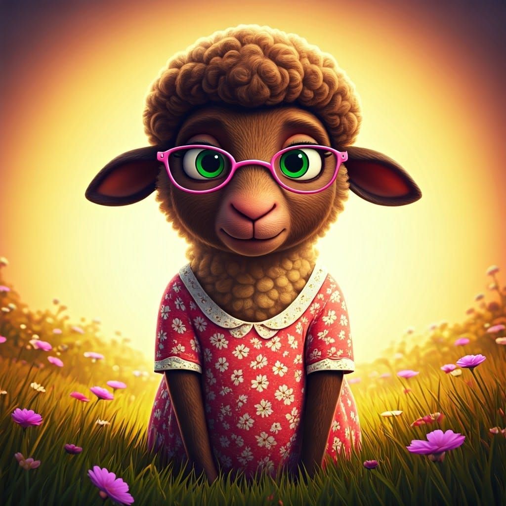 Anthropomorphic Sheep in Meadow: Pixar-Inspired 3D Art
