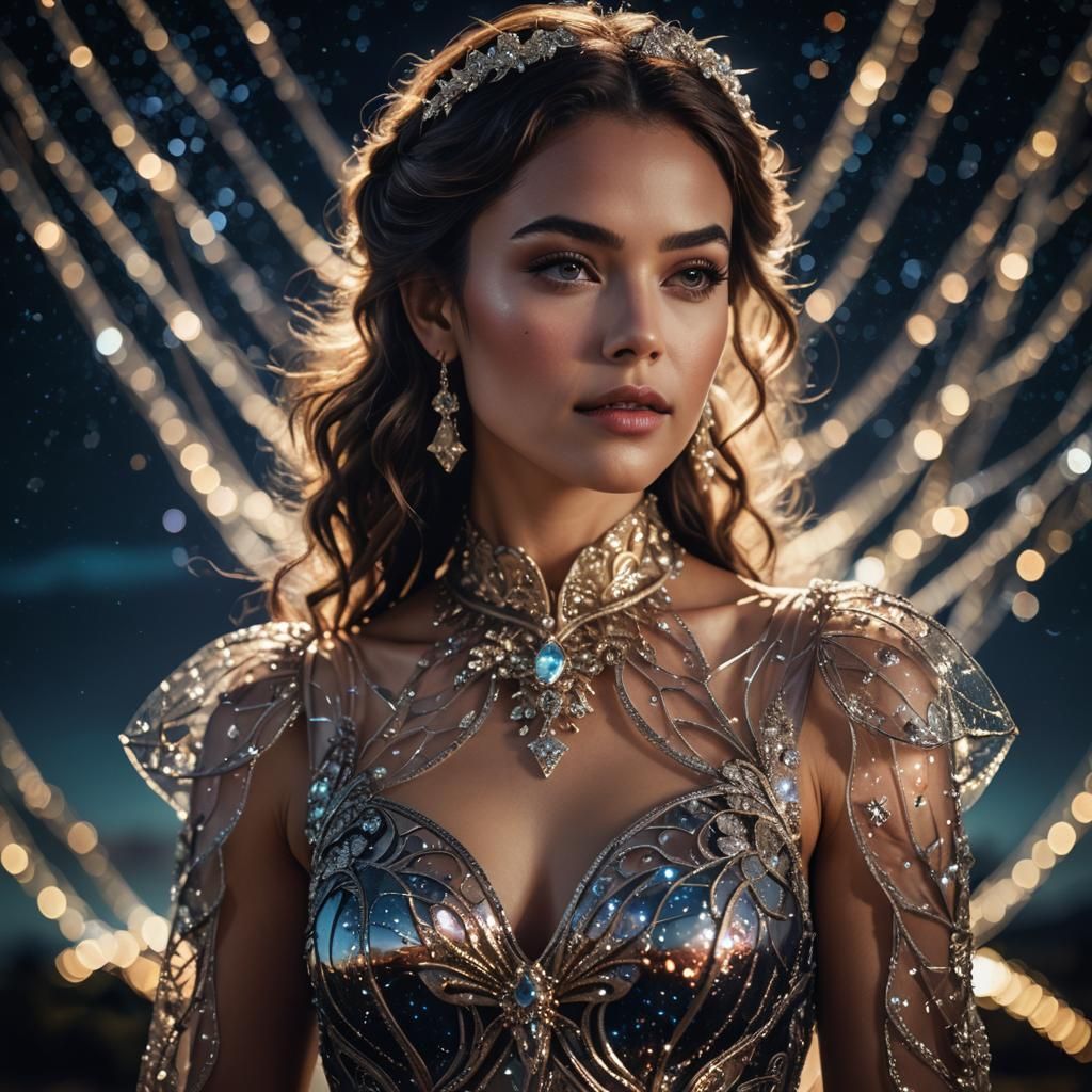 Woman in Glass Dress Against Night Sky