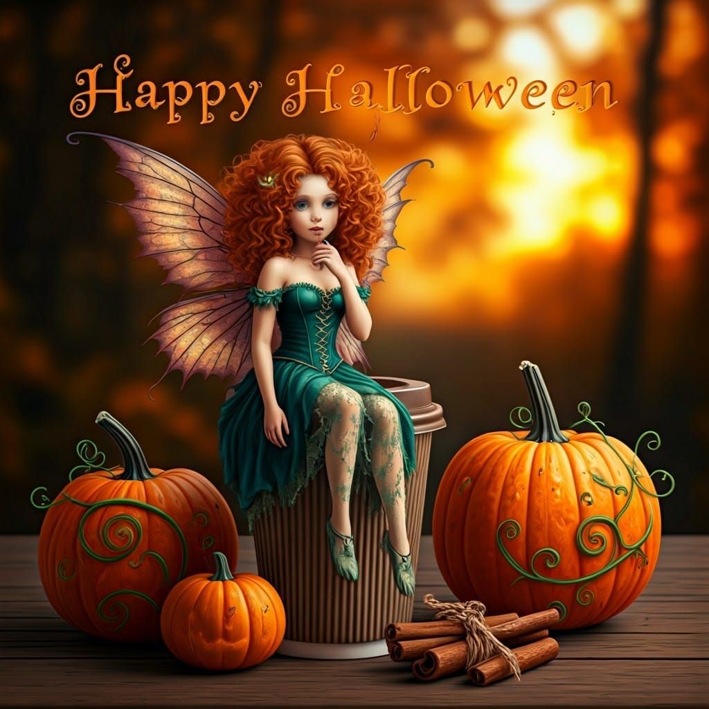 Ginger Fairy Sipping Coffee in Autumnal Scene