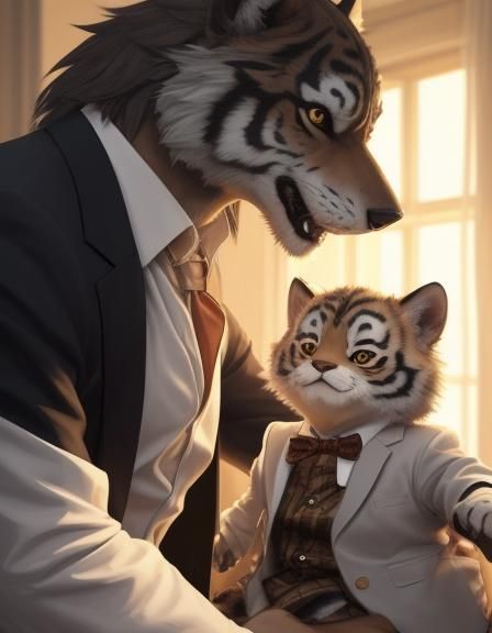 Cartoon Wolf Holding Leopard Cub in Anime Style