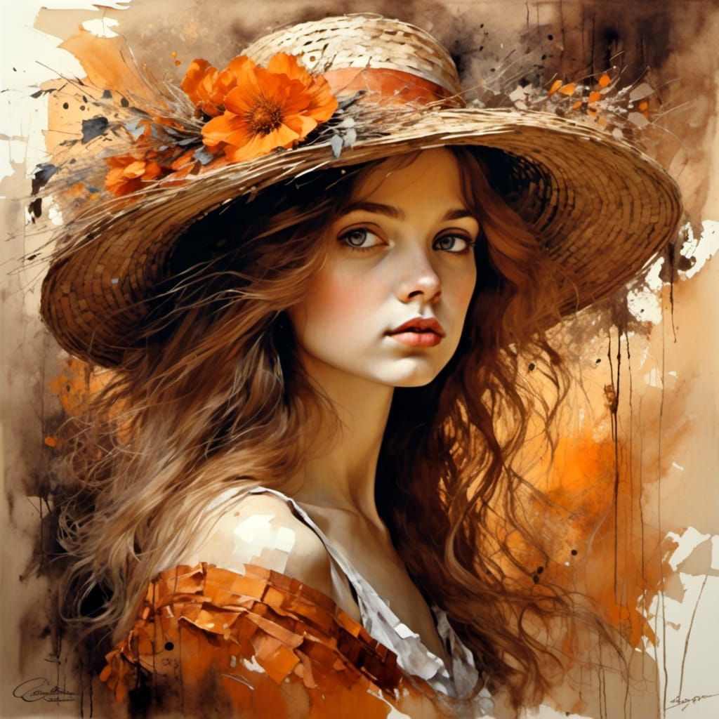 Vintage Sunny Day with Girl in Straw Hat