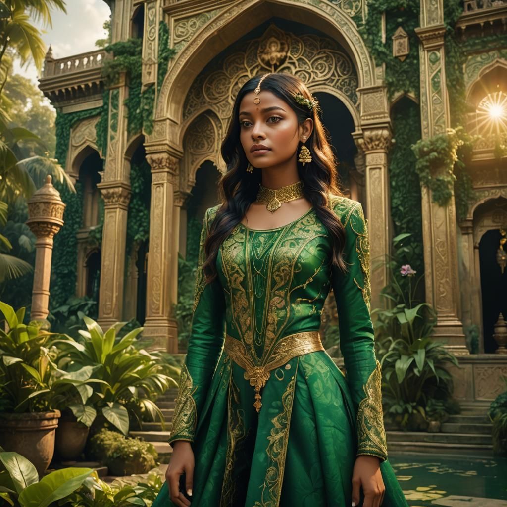 Lush Jungle Palace Scene with Girl in Fantasy Art