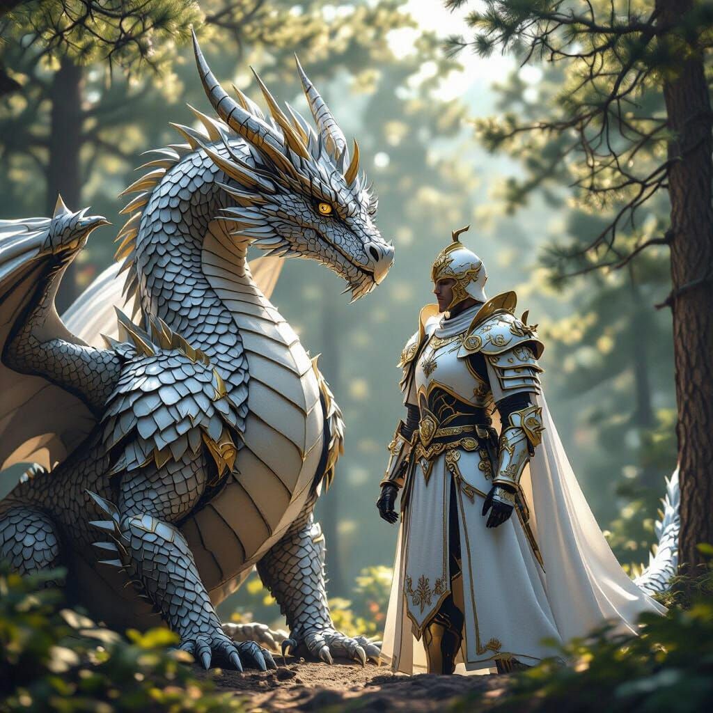 Colossal Silver Dragon and Knight in Forest
