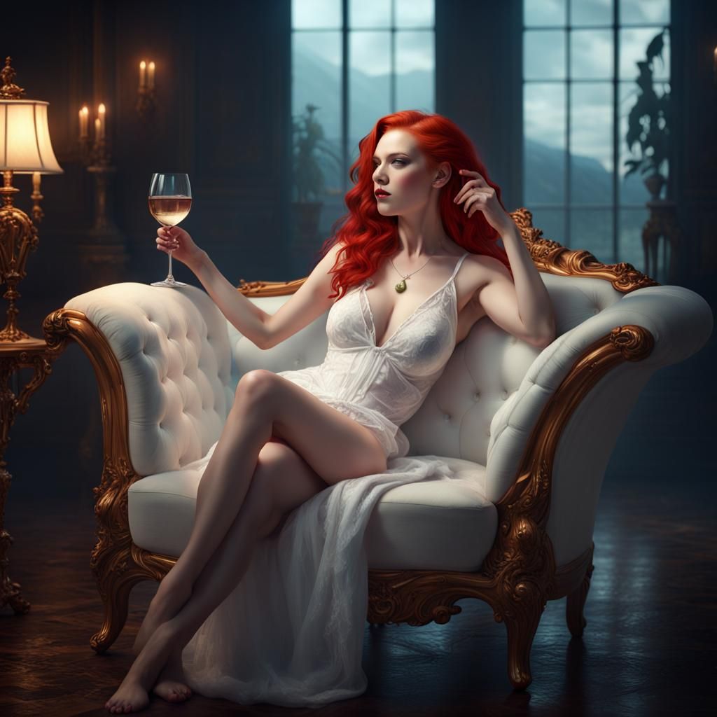 Woman with Red Hair in White Lingerie