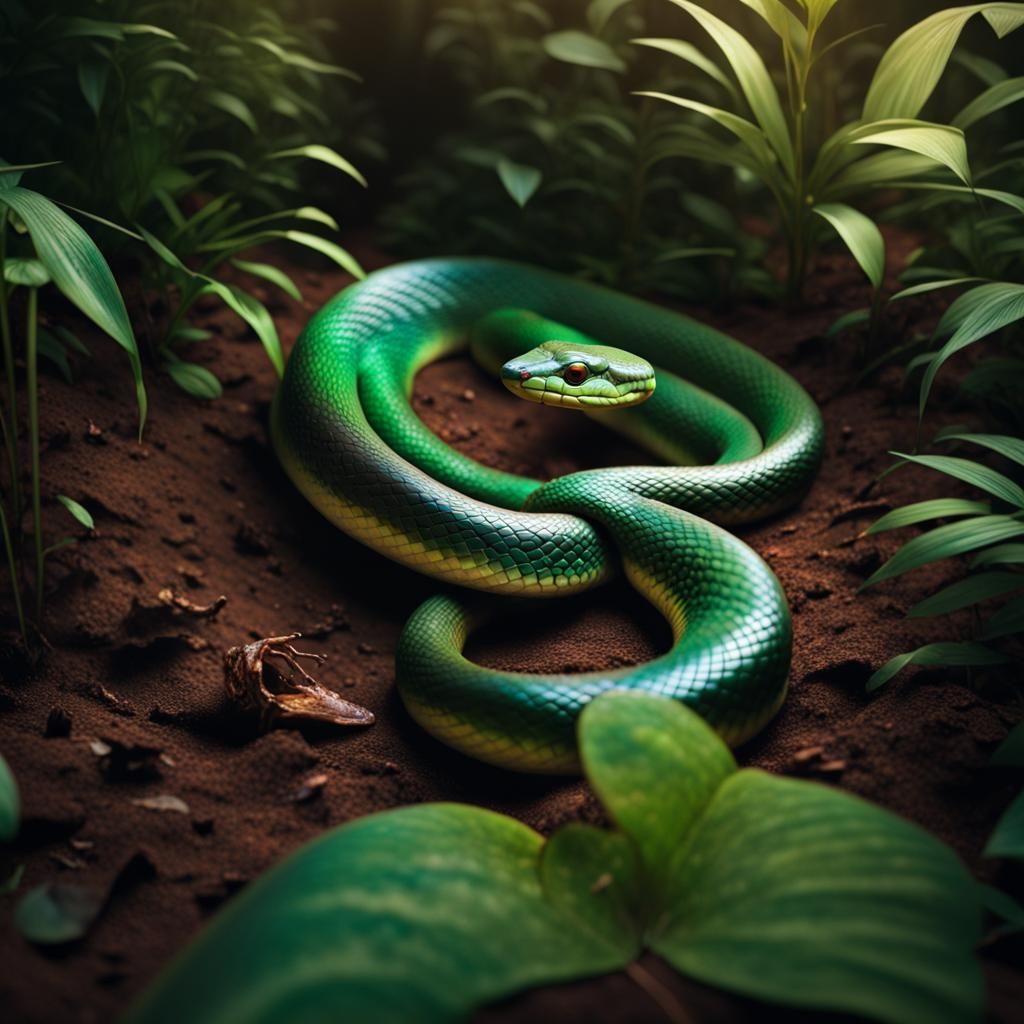 Iridescent Snake Slithering Through Vibrant Jungle