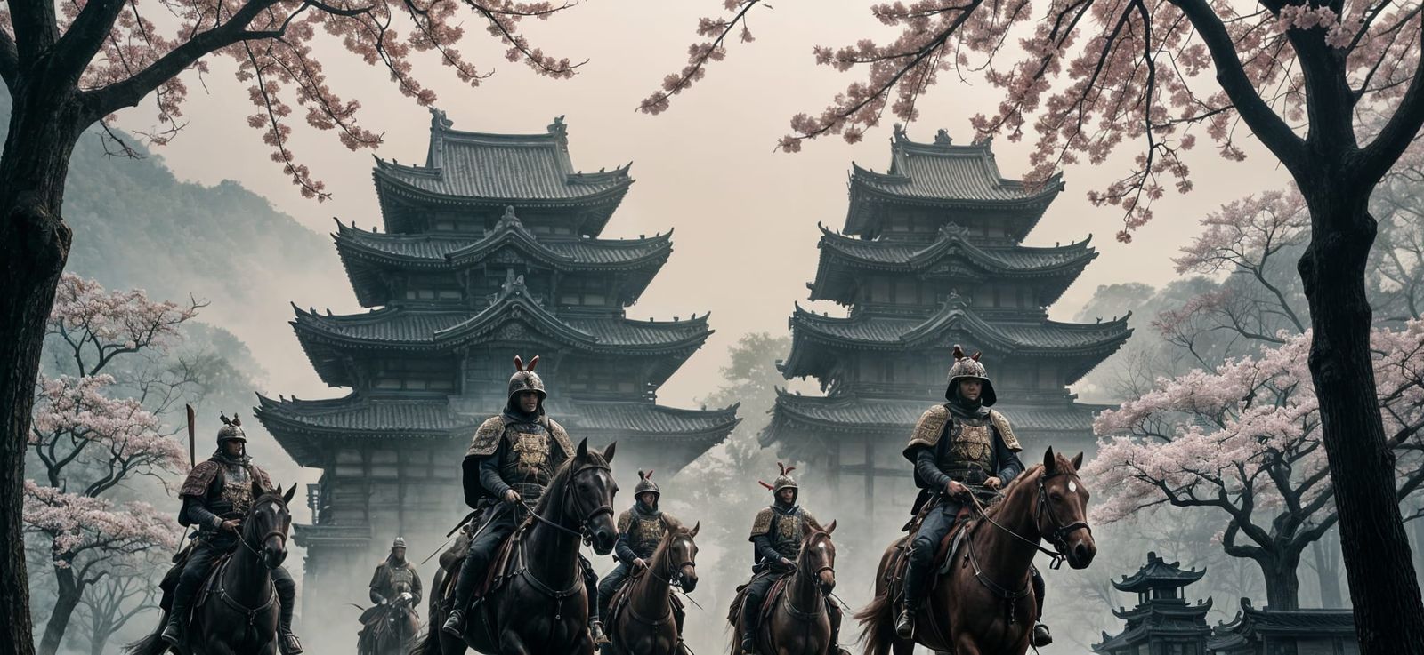 Samurai Approach Sinister Temple at Dawn