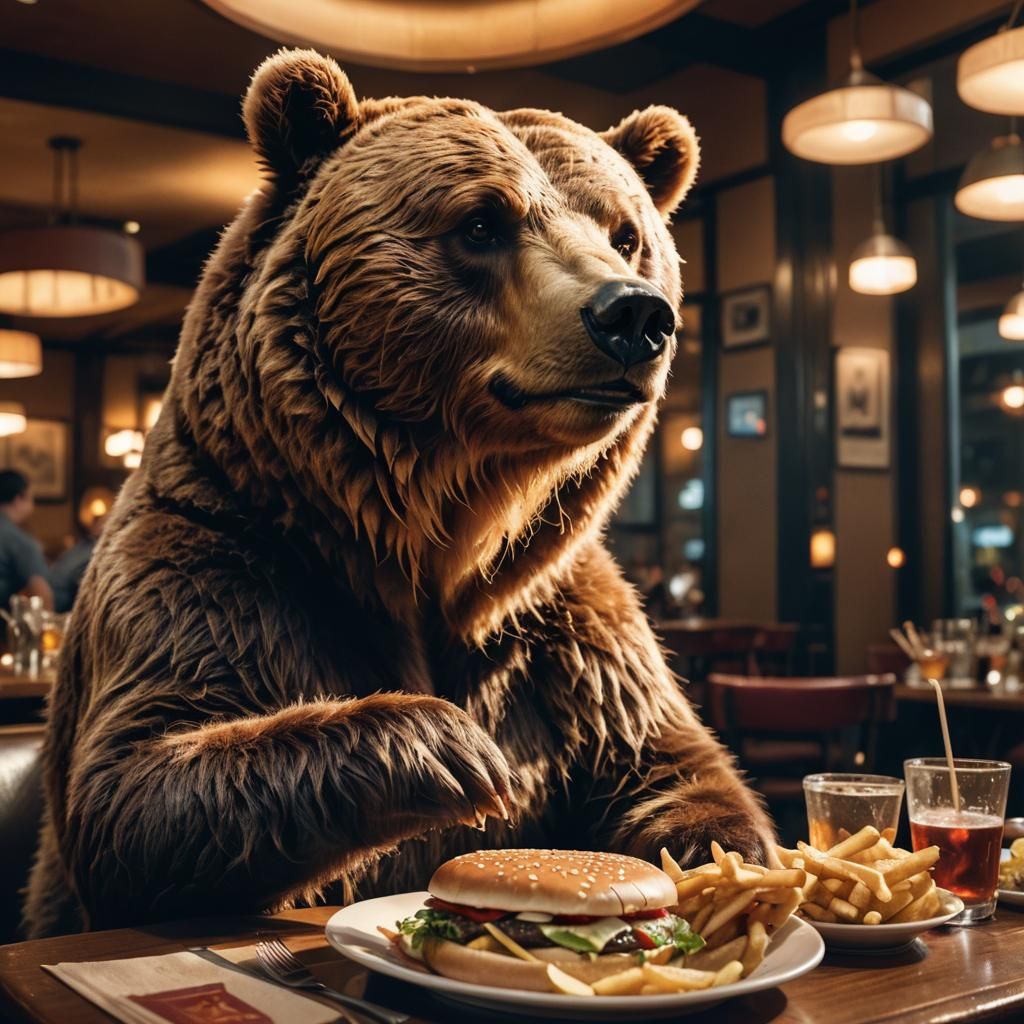 Bear Enjoys Burger in Dimly Lit Restaurant