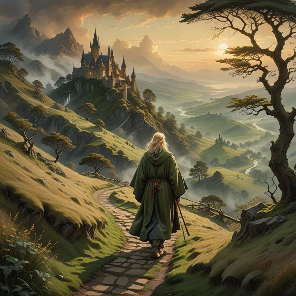 Blond Haired Wizard in Mystical Hillside Landscape