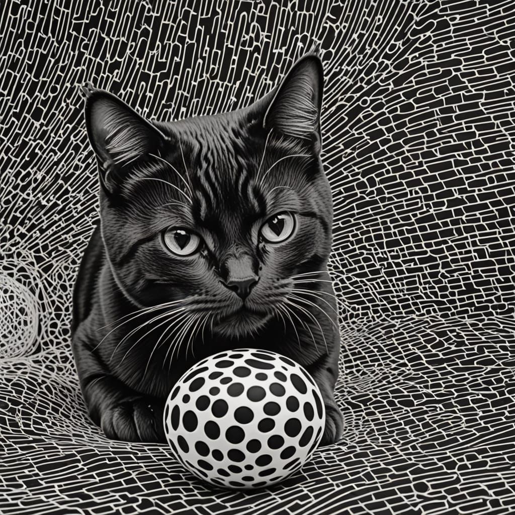 Op Art Cat Toys Confront Death in Black and White