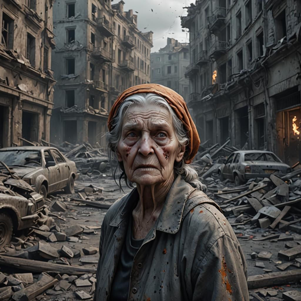 Eerie Old Woman in Ruined City: Matte Painting