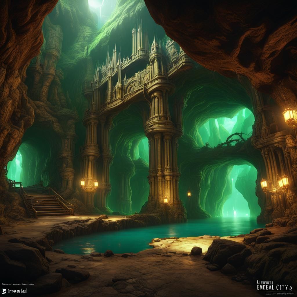 Steampunk Emerald City in Vast Cave