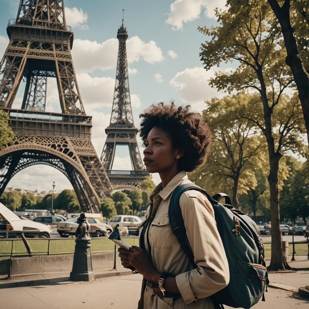Woman with Map at Eiffel Tower: Cinematic Scene