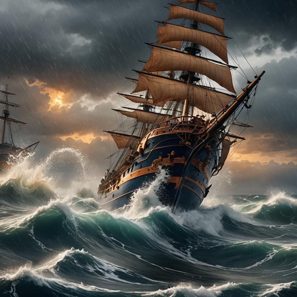 Tea Clipper in Stormy Seas: Dramatic Seascape