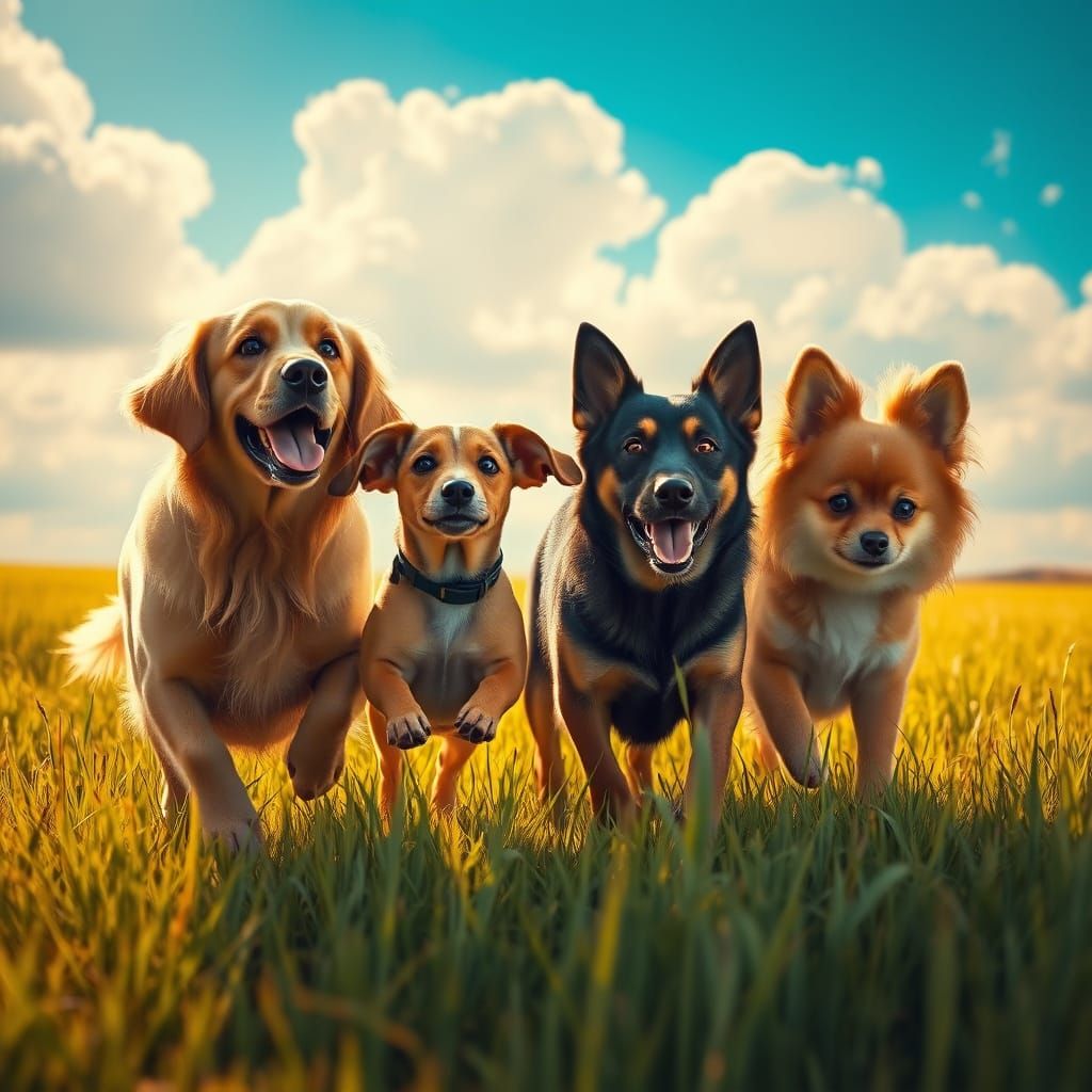 A photograph of a variety of friendly dogs gathered in a sun...