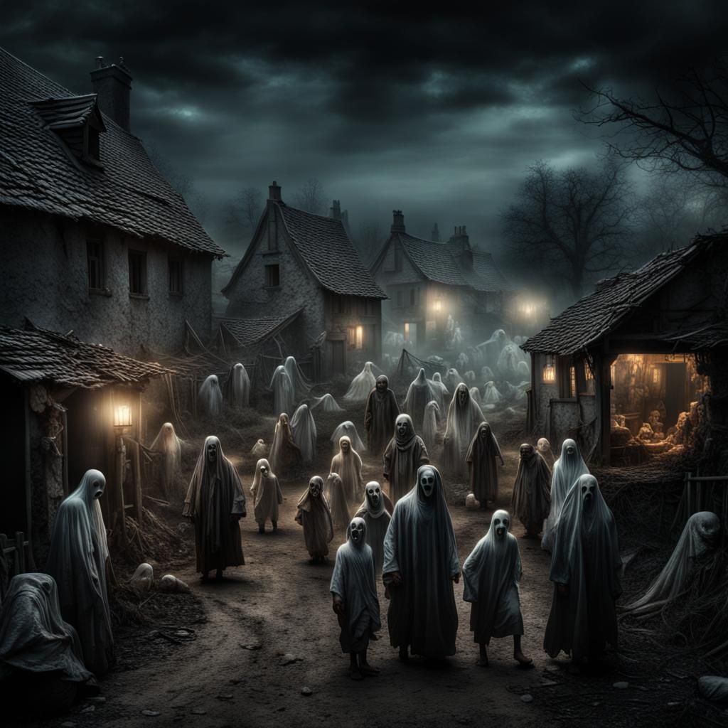Haunted Village with Vaporous Ghosts in the Night