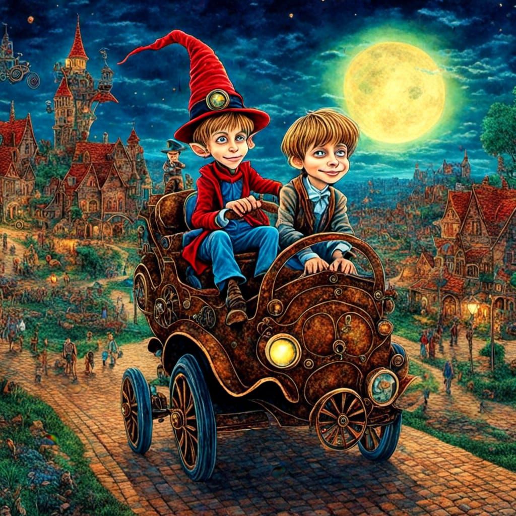 Wizard Boy in Steampunk Vehicle, Van Gogh Style